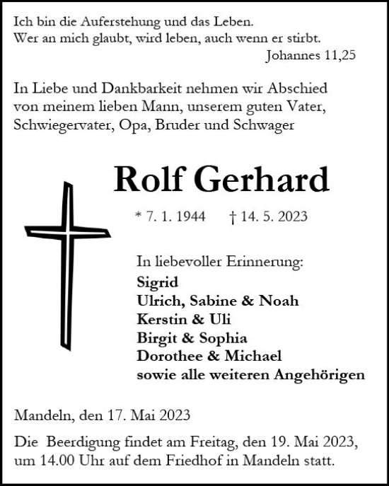 Traueranzeige von Rolf Gerhard von Dill Block