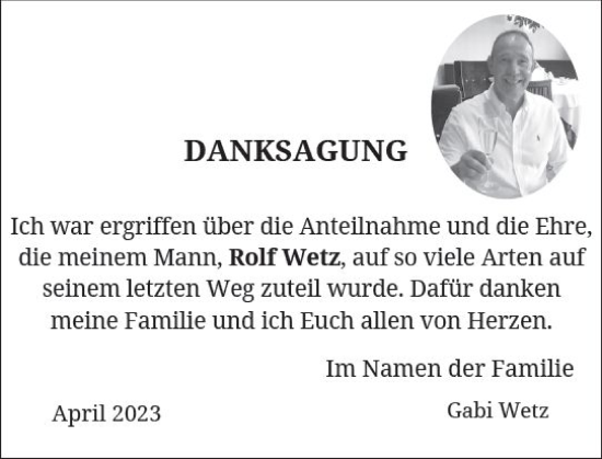 Traueranzeige von Rolf Wetz von Allgemeine Zeitung Mainz