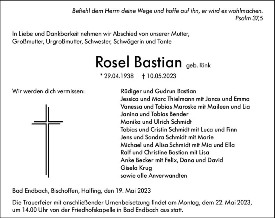 Traueranzeige von Rosel Bastian von Hinterländer Anzeiger