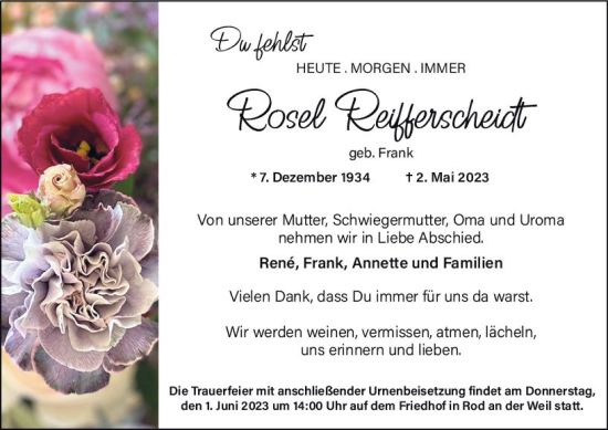 Traueranzeige von Rosel Reifferscheidt von Camberger Anzeiger