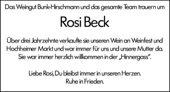 Traueranzeige von Rosi Beck von Hochheimer Zeitung