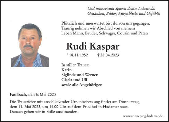Traueranzeige von Rudi Kaspar von Nassauische Neue Presse