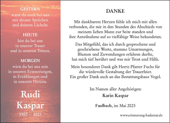 Traueranzeige von Rudi Kaspar von Nassauische Neue Presse