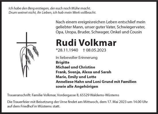 Traueranzeige von Rudi Volkmar von Idsteiner Land/Untertaunus Traueranzeige von Rudi Volkmar von Idsteiner Land/Untertaunus