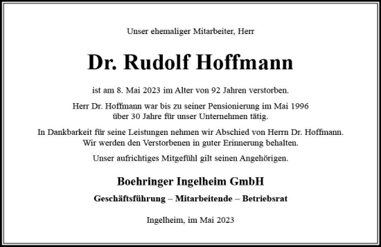 Traueranzeige von Rudolf Hoffmann von Allgemeine Zeitung Bingen/Ingelheim