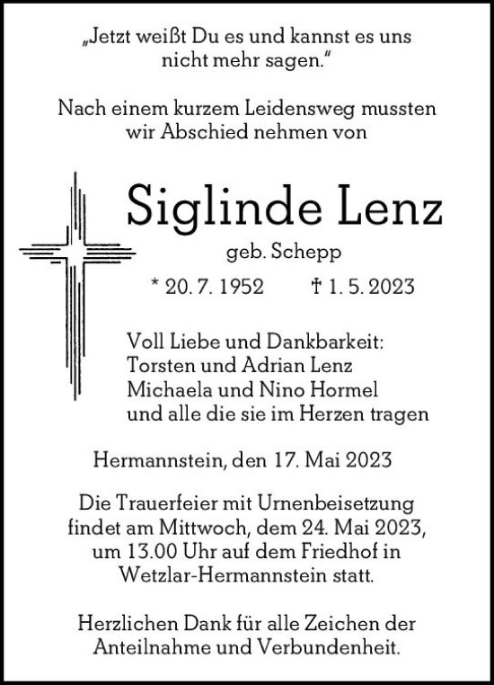 Traueranzeige von Siglinde Lenz von Wetzlarer Neue Zeitung