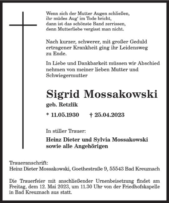 Traueranzeige von Sigrid Mossakowski von Allgemeine Zeitung Bingen/Ingelheim
