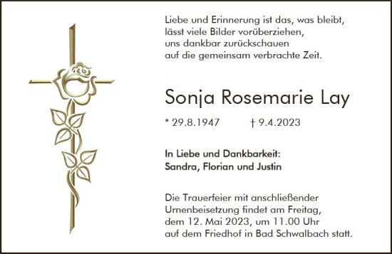 Traueranzeige von Sonja Rosemarie Lay von Wiesbadener Kurier