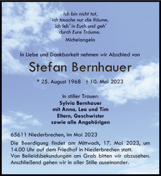 Traueranzeige von Stefan Bernhauer von Nassauische Neue Presse