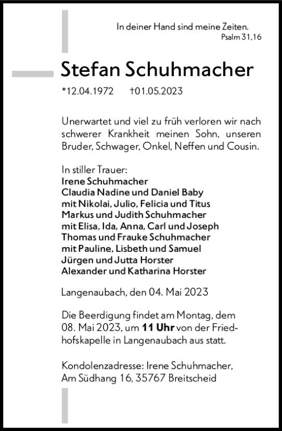 Traueranzeige von Stefan Schuhmacher von Dill Block