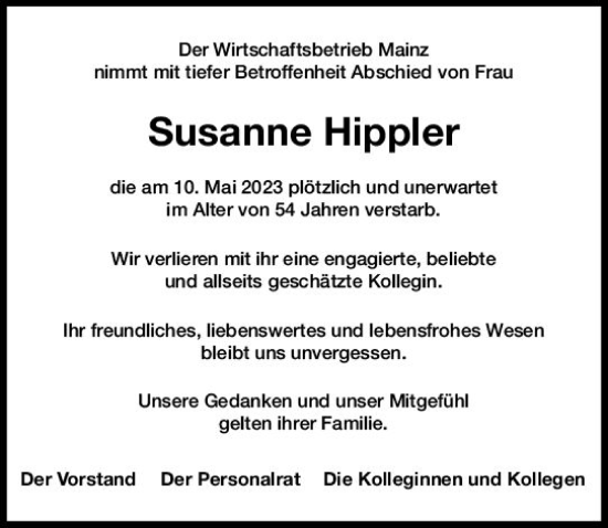 Traueranzeige von Susanne Hippler von Allgemeine Zeitung Mainz