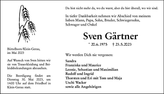 Traueranzeige von Sven Gärtner von Groß-Gerauer Echo