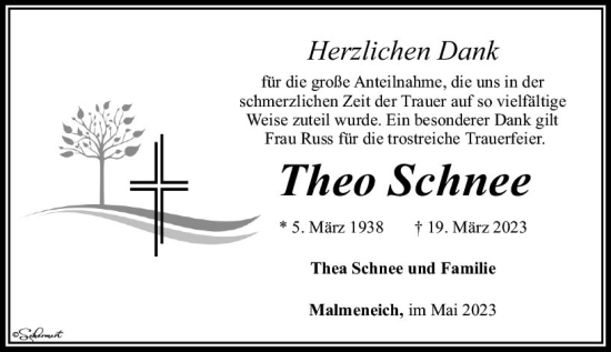 Traueranzeige von Theo Schnee von Nassauische Neue Presse
