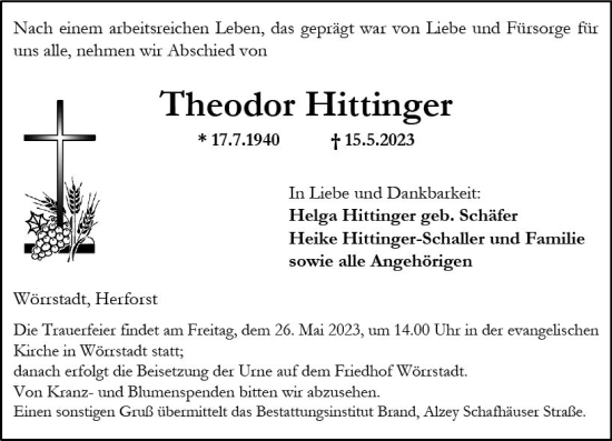 Traueranzeige von Theodor Hittinger von Allgemeine Zeitung Alzey