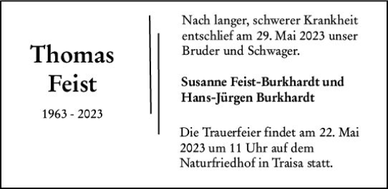 Traueranzeige von Thomas Feist von Darmstädter Echo