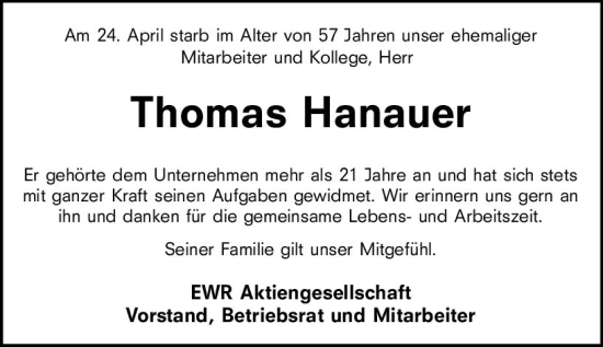 Traueranzeige von Thomas Hanauer von Wormser Zeitung