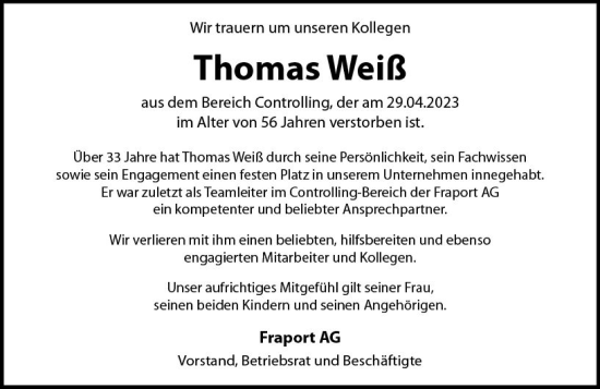 Traueranzeige von Thomas Weiß von Allgemeine Zeitung Bingen/Ingelheim