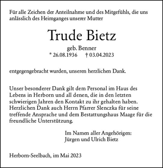 Traueranzeige von Trude Bietz von Dill Block