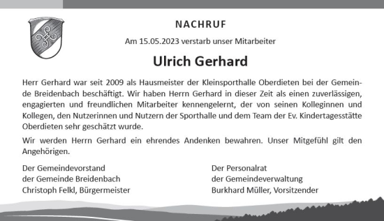 Traueranzeige von Ulrich Gerhard von Hinterländer Anzeiger