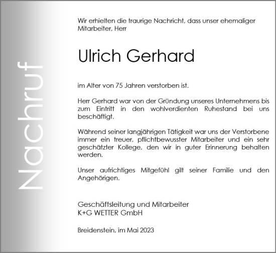 Traueranzeige von Ulrich Gerhard von Hinterländer Anzeiger