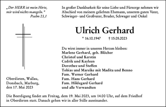 Traueranzeige von Ulrich Gerhard von Hinterländer Anzeiger