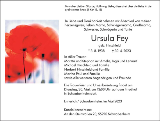 Traueranzeige von Ursula Fey von Weilburger Tageblatt