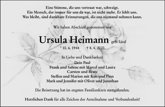 Traueranzeige von Ursula Heimann von Weilburger Tageblatt