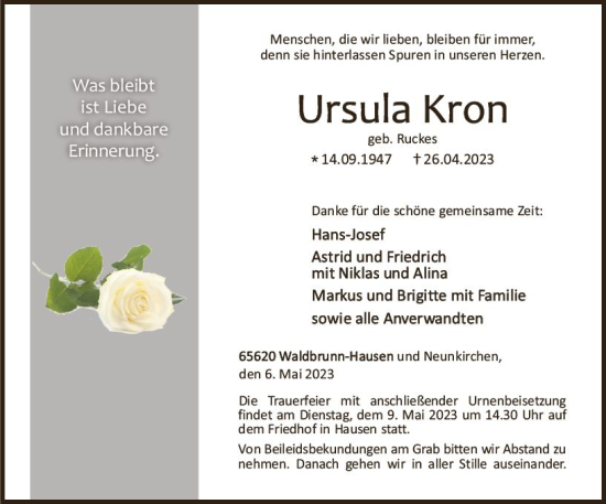 Traueranzeige von Ursula Kron von Nassauische Neue Presse