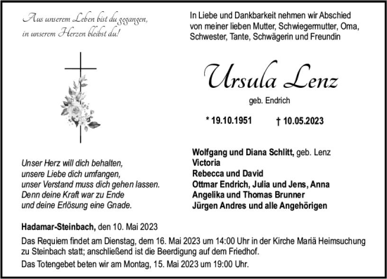 Traueranzeige von Ursula Lenz von Nassauische Neue Presse