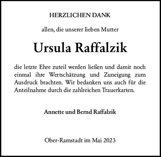 Traueranzeige von Ursula Raffalzik von Darmstädter Echo