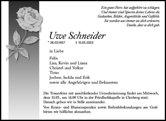 Traueranzeige von Uwe Schneider von Wetzlarer Neue Zeitung
