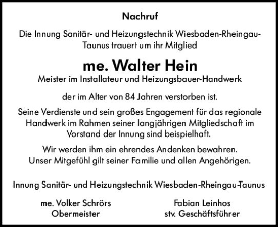 Traueranzeige von Walter Hein von Wiesbadener Kurier