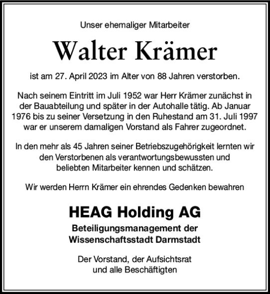 Traueranzeige von Walter Krämer von Darmstädter Echo