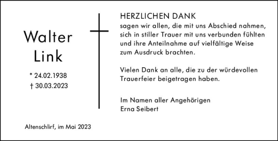 Traueranzeige von Walter Link von Oberhessen Kurier