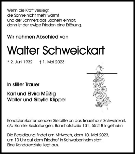 Traueranzeige von Walter Schweickart von Allgemeine Zeitung Bingen/Ingelheim