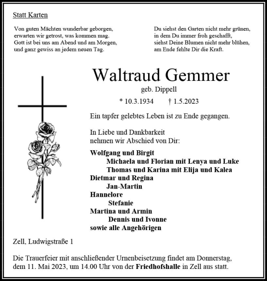 Traueranzeige von Waltraud Gemmer von VRM Trauer