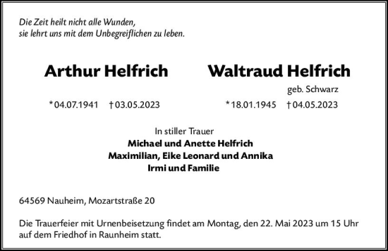 Traueranzeige von Waltraud Helfrich von Rüsselsheimer Echo