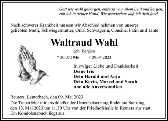 Traueranzeige von Waltraud Wahl von VRM Trauer