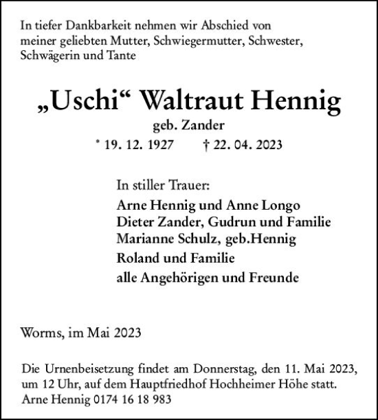 Traueranzeige von Waltraut Hennig von Wormser Zeitung