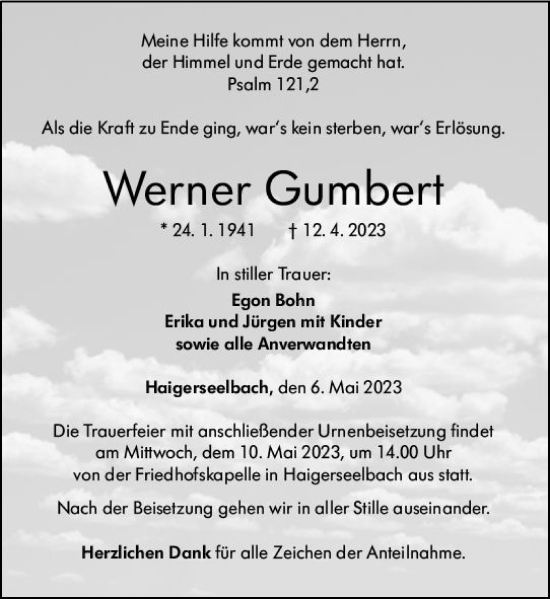 Traueranzeige von Werner Gumbert von Dill Block
