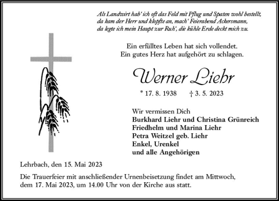 Traueranzeige von Werner Liehr von VRM Trauer