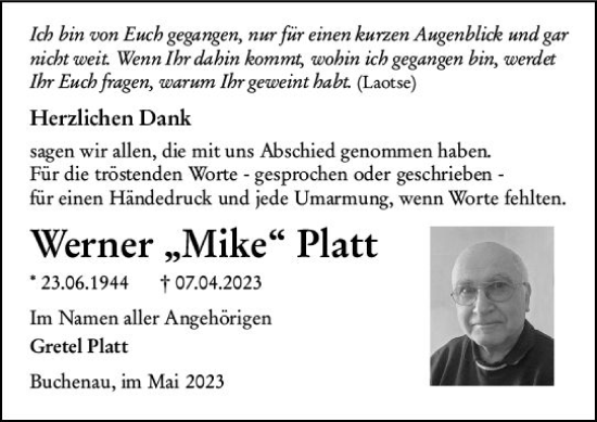 Traueranzeige von Werner Platt von Hinterländer Anzeiger