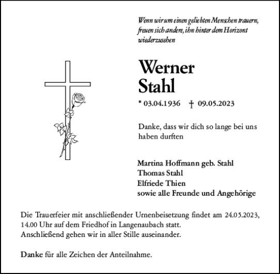 Traueranzeige von Werner Stahl von Dill Block