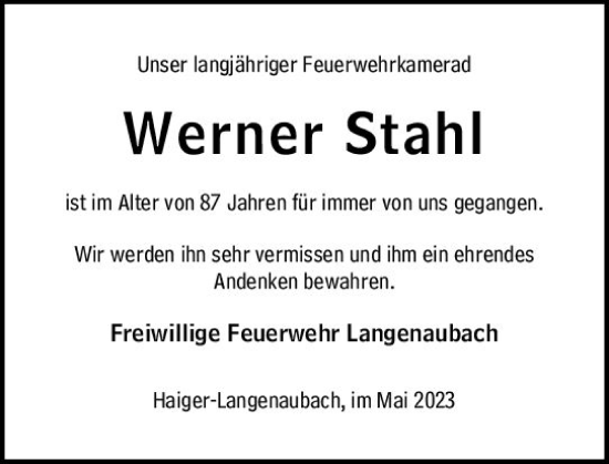 Traueranzeige von Werner Stahl von Dill Block