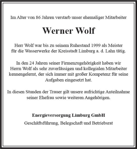 Traueranzeige von Werner Wolf von Nassauische Neue Presse