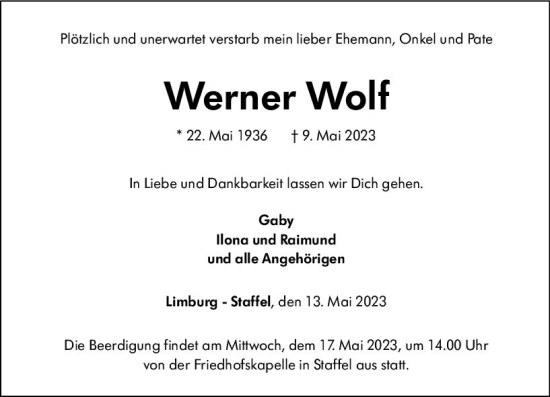 Traueranzeige von Werner Wolf von Nassauische Neue Presse