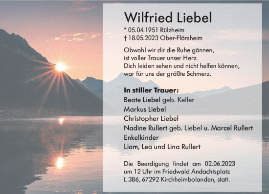 Traueranzeige von Wilfried Liebel von Allgemeine Zeitung Alzey