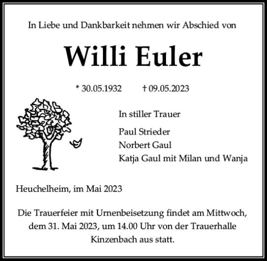 Traueranzeige von Willi Euler von Wetzlarer Neue Zeitung