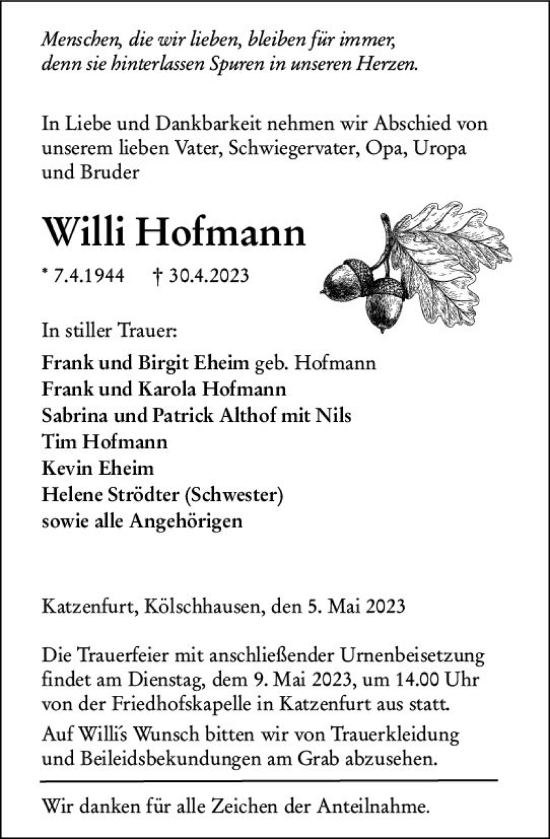 Traueranzeige von Willi Hofmann von Wetzlarer Neue Zeitung