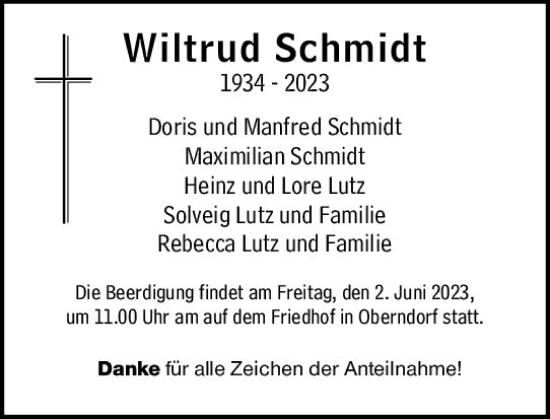 Traueranzeige von Wiltrud Schmidt von Wetzlarer Neue Zeitung